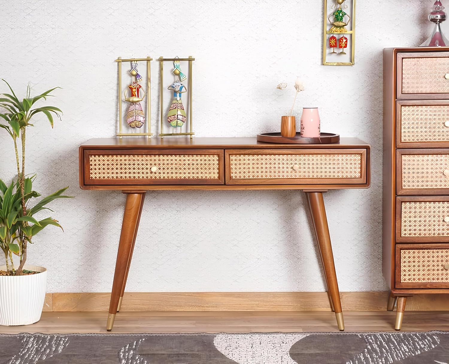 Fern Rattan Solid Wood Study Table | Cane Work Writing Table with 2 Drawers | Mango Woods, Honey Ideal for Home Decor