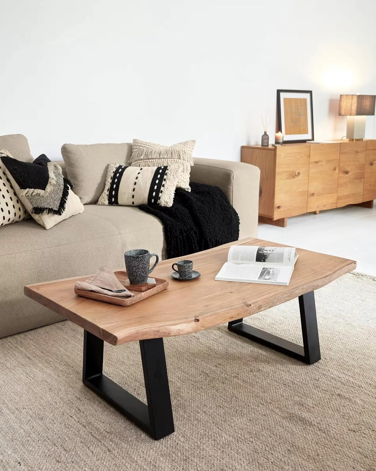Live Edge Solid Wood Coffee Table | Center Table for Living Room | Acacia Wood, Natural Finish | Modern Teapoy Table for Drawing Room, Home, Office Furniture | Assembly - DIY |