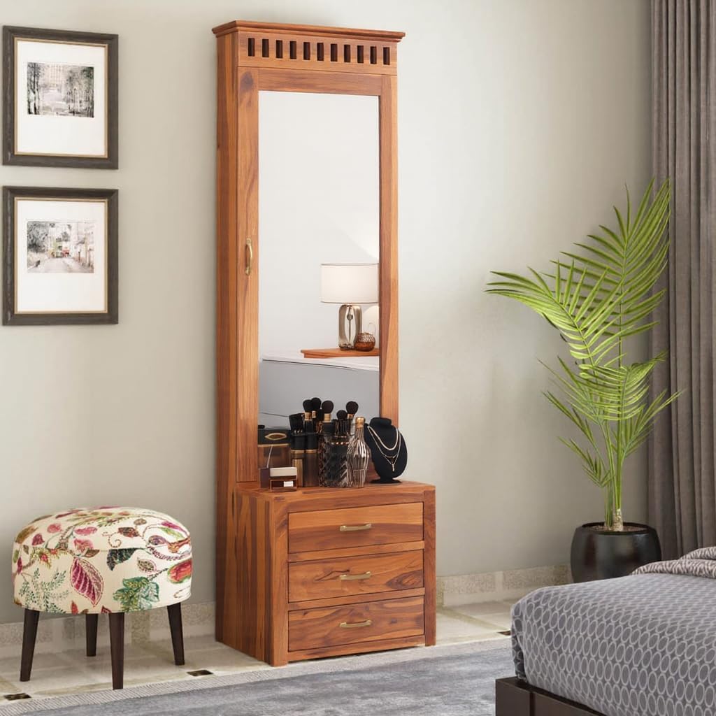 Solid Sheesham Wood Dressing Table with Storage Mirror & 3 Drawers, & 1 Door Storage for Living Room Bedroom Wooden Make Up Vanities Dresser for Bedroom Home (Natural Finish)
