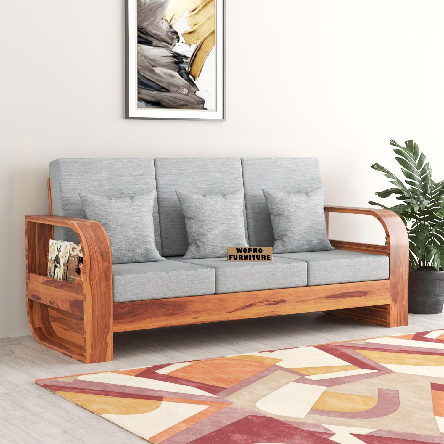 Sheesham Wooden 3 Seater Sofa for Living Room | Solid Wood Sofa | Rosewood Sofa Set for Home & Office | Lounge (Honey,Grey, 3 Seater)