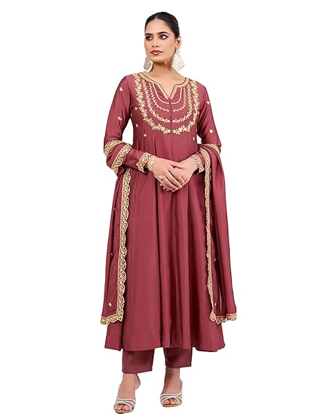 MOKOSH Women's Silk Embroidered Anarkali Kurta and Pant Set with Dupatta | 3 Piece Ethnic Kurta Set for Women | Regular Fit Traditional Outfit | Festive Kurta Set