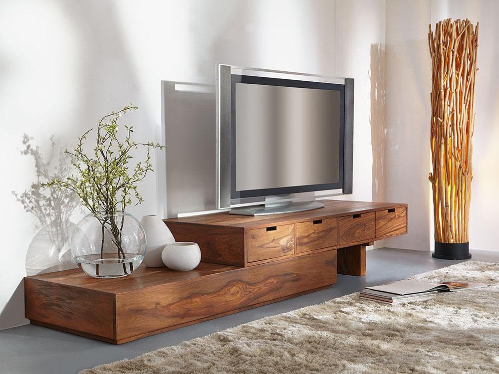 Portugal Solid Wood Tv Unit/Stand for Led LCD | Extendable Tv Stand for Bedroom | Japandi Muji Style Tv Console | Acacia Wood, Teak Finish | Entertainment Unit for Living Room