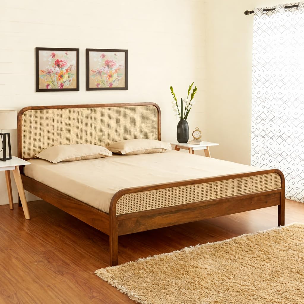 Solid Mango Wood King Size Bed with Rattan Headboard for Bedroom | Luxury Cane Bed Cot Furniture for Home | Wooden Non Storage Bed Frame | Honey Finish | 72 x 78 Inches