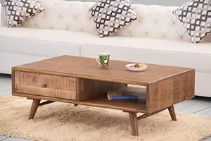 TEO Solid Wood Coffee Table for Living Room | Mango Wood Centre Table with Drawer | Honey Teak Finish | Size - 110 x 60 x 42 cm | Assembly - DIY