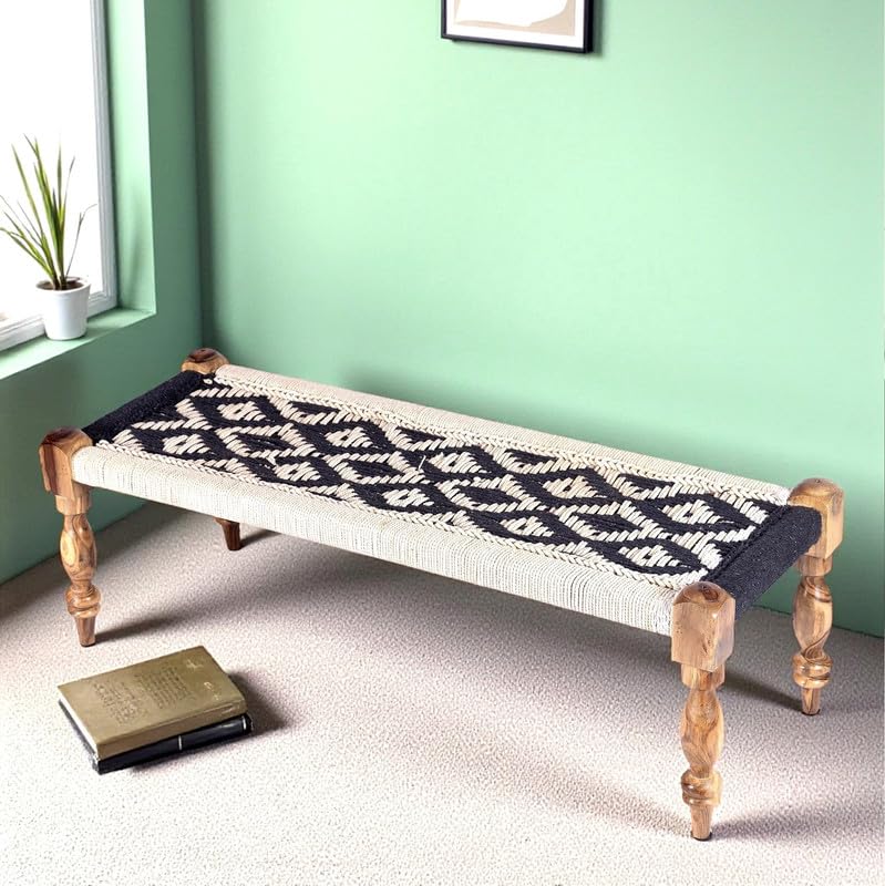 Ikiriya Stylish Hamilton Sheesham Wood Vintage 3 Seater Maachi Bench (Charpai, 1 Yr Warranty), Black & White Rope Canning (48x16x16 Inches, 1 Yr Warranty)