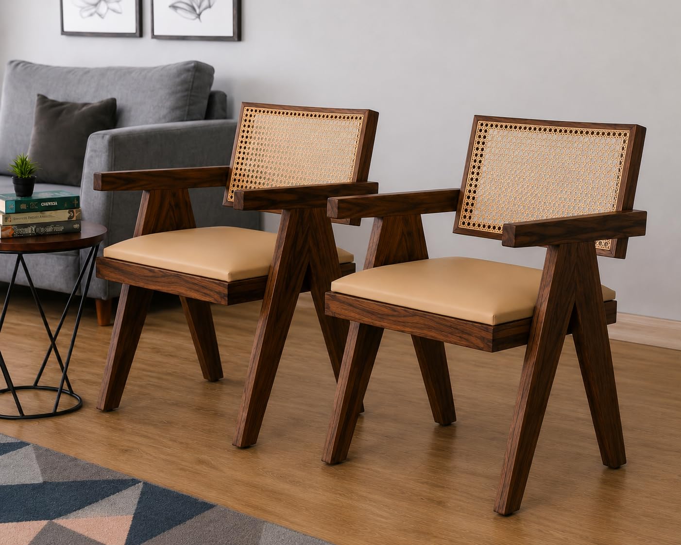 Solid Wood Arm Chair with Cushion and Cane Back Support Chair Living Room Bedroom Home Wooden Armchair Furniture Garden Balcony Outdoor & Indoor (Honey Finish Set of 2)