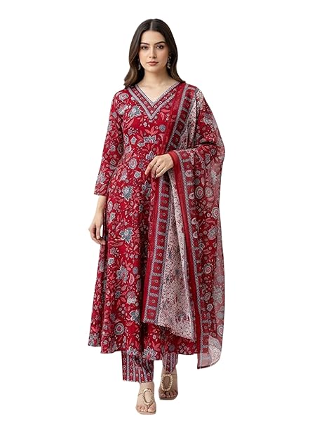 Amazon Brand - Tavasya Women's Rayon Printed A-Line Kurta Set with Pant and Dupatta | Kurti Set for Women