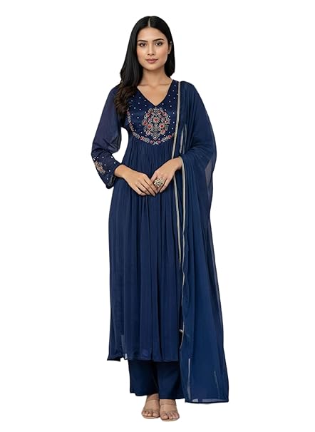 Amazon Brand - Tavasya Women's Silk Chiffon Embroidered A-Line Kurta Set with Rayon Pant and Silk Chiffon Laced Dupatta | Kurti Set for Women
