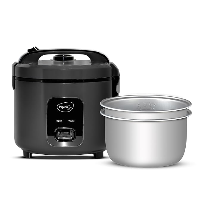 Pigeon Easy 3L Electric Rice Cooker with 2 Pots, Keep warm function, Steam basket, Spatula & Measuring cup (Grey)