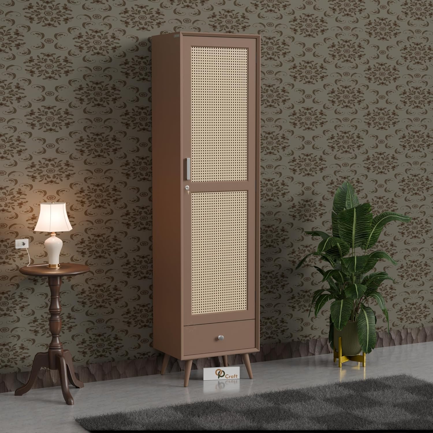 Solid Wood Wardrobe Cabinet with Cane Door & Drawer | Tall Wooden Storage Unit with Shelves | Modern Slim Almirah for Bedroom, Living Room (Black Finish)