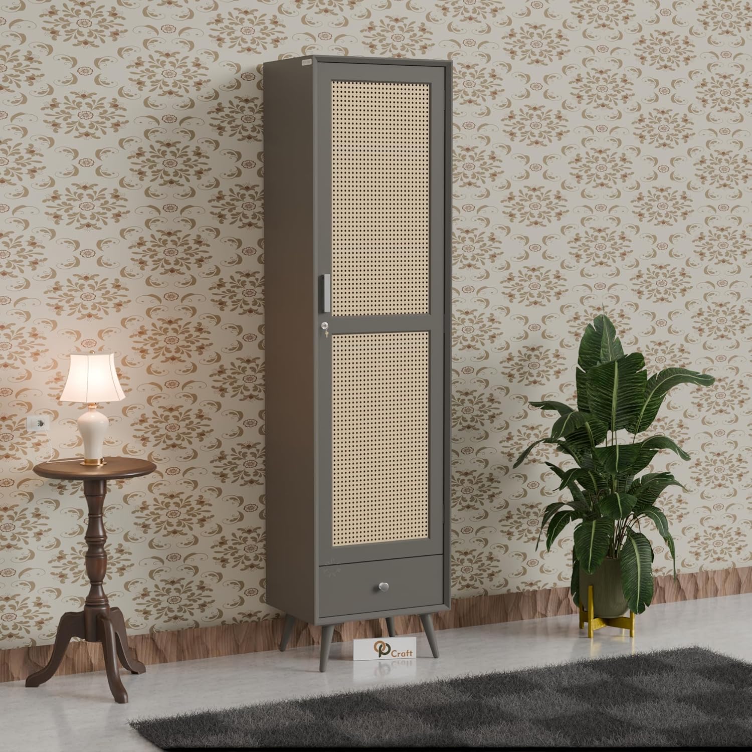 Solid Wood Wardrobe Cabinet with Cane Door & Drawer | Tall Wooden Storage Unit with Shelves | Modern Slim Almirah for Bedroom, Living Room (Black Finish)