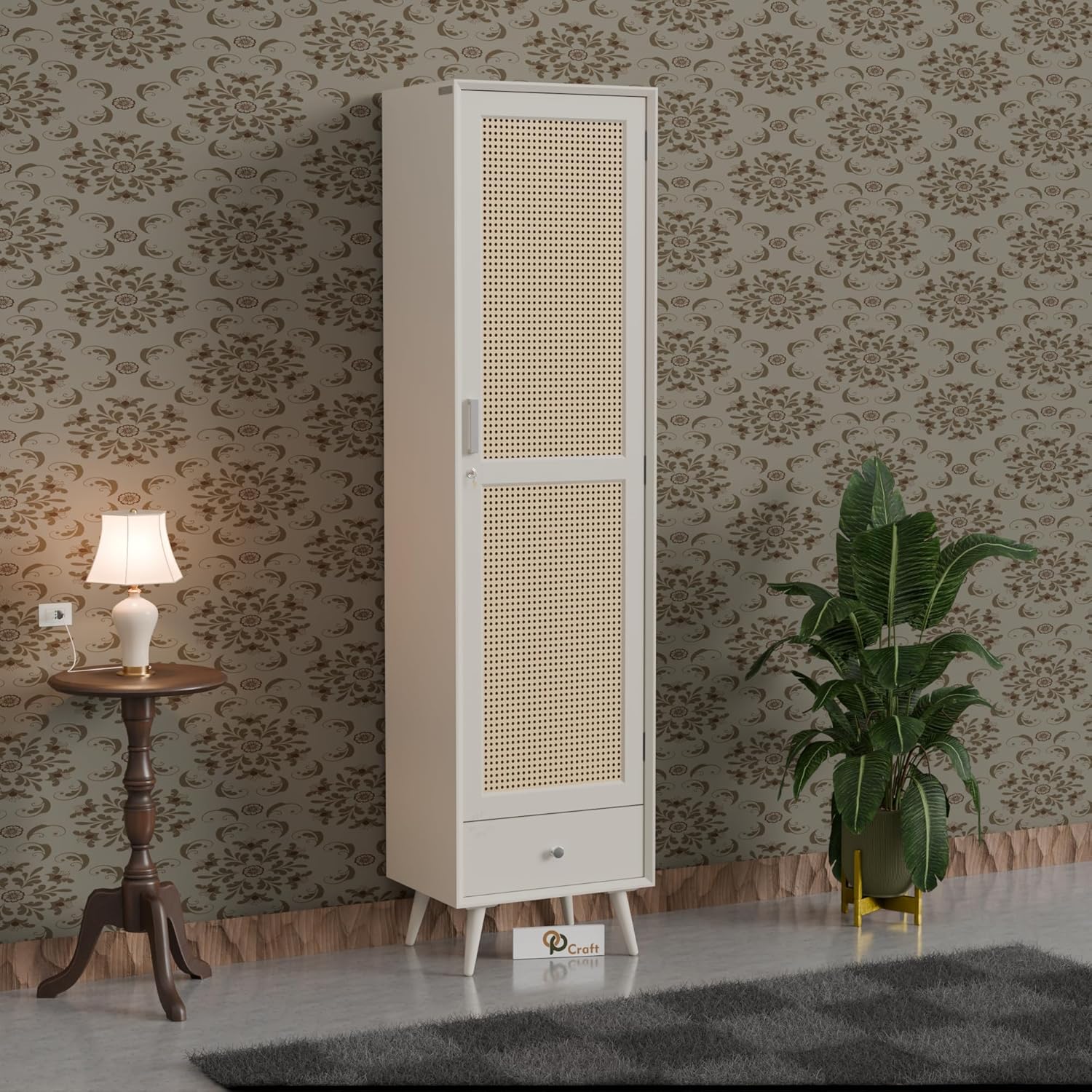 Solid Wood Wardrobe Cabinet with Cane Door & Drawer | Tall Wooden Storage Unit with Shelves | Modern Slim Almirah for Bedroom, Living Room (Black Finish)