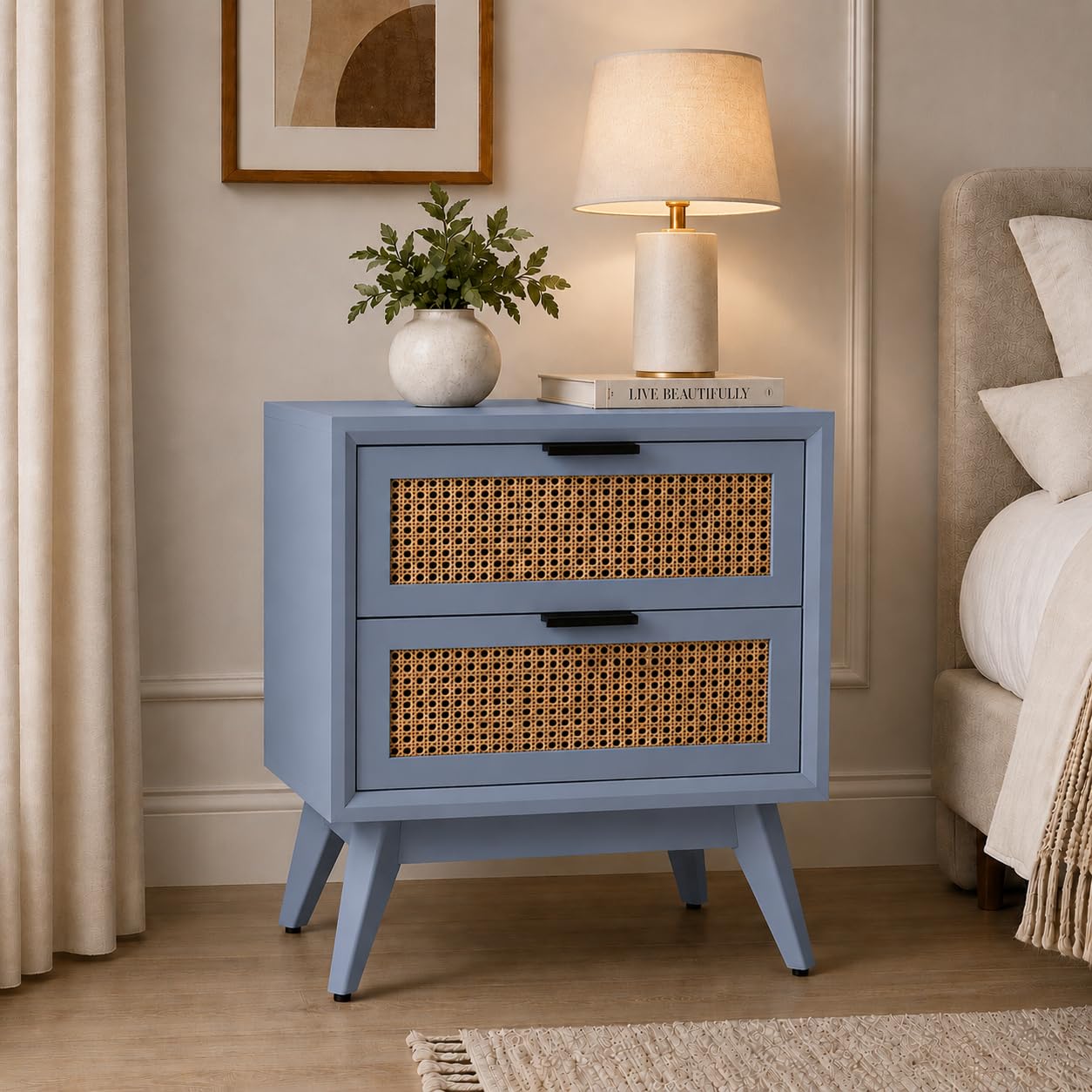 Wooden Bedside Table with 2 Drawers | Modern Cane Nightstand for Bedroom | Solid Wood Side Table with Storage | Rattan Accent End Table for Living Room & Home Decor (Grey)