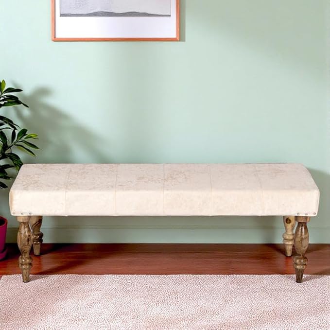 Ikiriya Stylish Cairo Sheesham Wood Accent 3 Seater Bench, Beige Sparkle Velvet (48x16x16 Inches, 1 Yr Warranty)