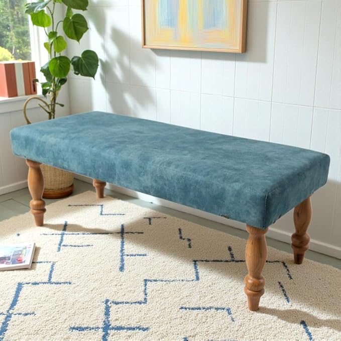 Ikiriya Stylish Cairo Sheesham Wood Accent 3 Seater Bench, Beige Sparkle Velvet (48x16x16 Inches, 1 Yr Warranty)