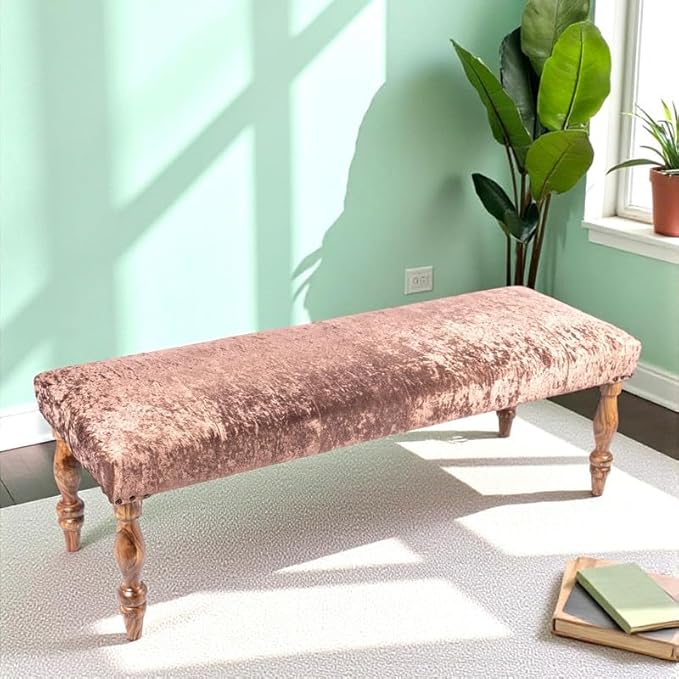 Ikiriya Stylish Cairo Sheesham Wood Accent 3 Seater Bench, Beige Sparkle Velvet (48x16x16 Inches, 1 Yr Warranty)