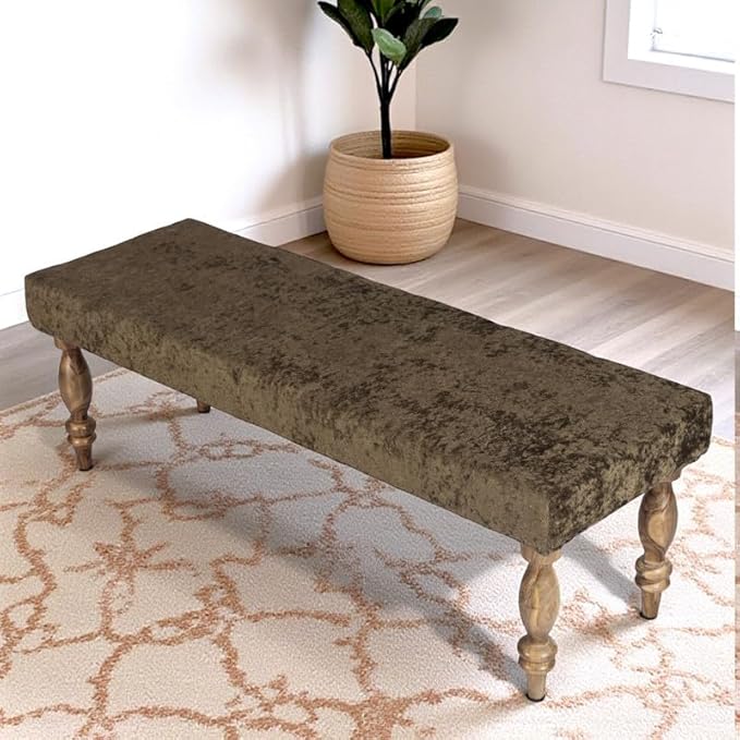 Ikiriya Stylish Cairo Sheesham Wood Accent 3 Seater Bench, Beige Sparkle Velvet (48x16x16 Inches, 1 Yr Warranty)