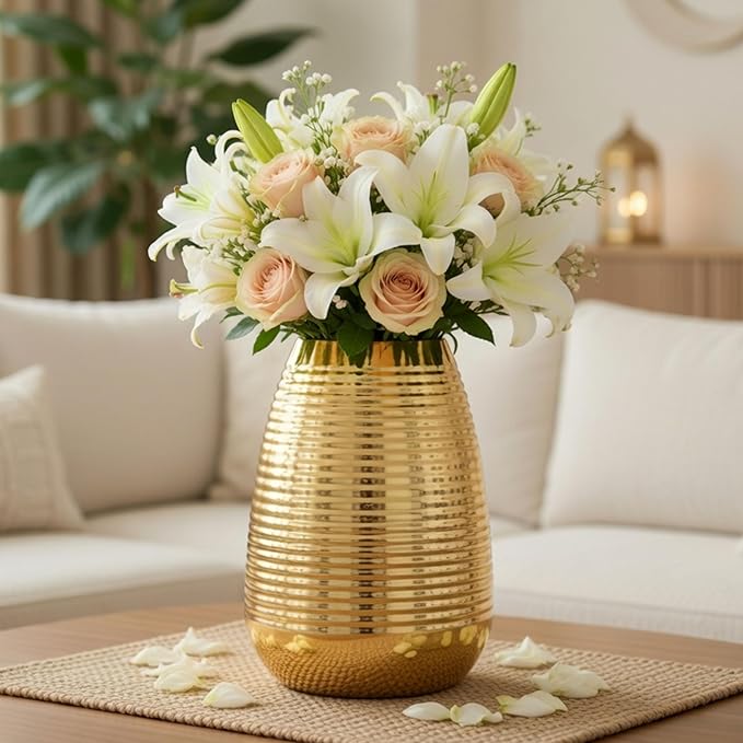 Behoma Oval Shape Metal Flower Vase for Home Decor, Ribbed vase for Office Table Decorations | Gift for Valentine's day, Wedding Anniversary, Birthday | 8.7 inches, Golden, I Pc (Flowers not Included)