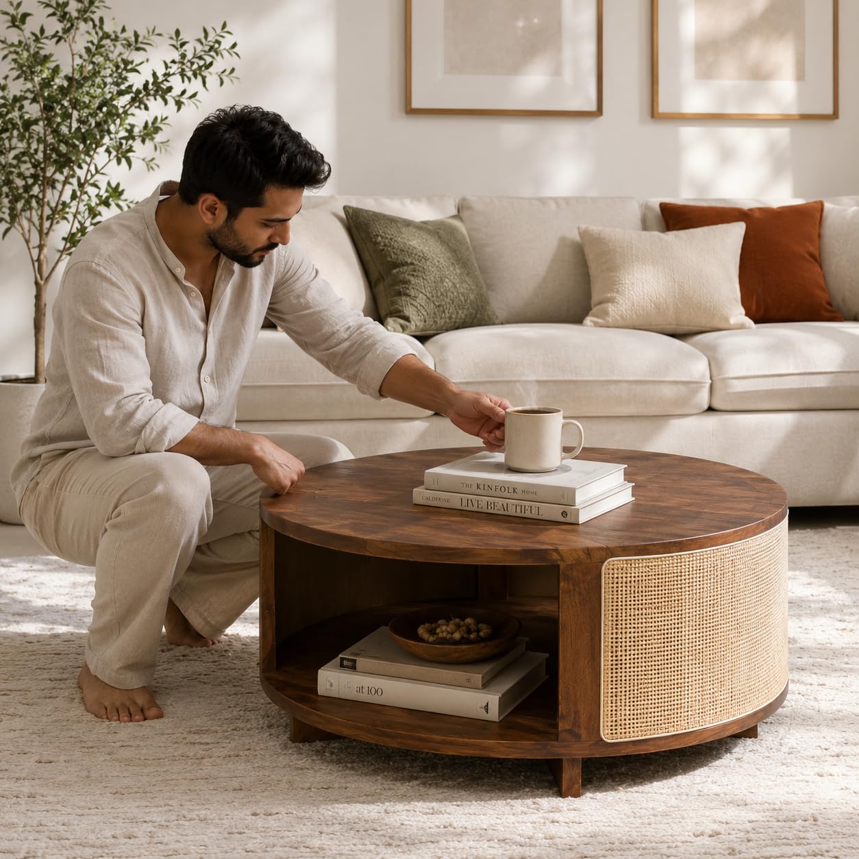 Cane Solid Wood Coffee Table | Rattan Round Centre Table for Loving Room Wooden | Sheesham Wood, Teak Finish | Tea POY Table with Storage