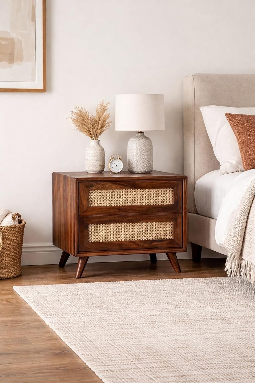 Vayu Solid Wood Bedside Table: Rattan Design with 1 Drawer and 1 Shelf - Cane Work Nightstand for Bedroom, Home & Kitchen - Pure Sheesham Wood, Honey Finish