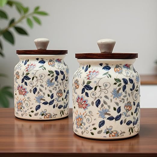 Vistas 'Blue Bloom' Air Tight Container 420ml Set of 2 Ceramic Jars for Kitchen Storage | Handcrafted Kitchen Container Set | For Tea, Sugar, Achar, Pickle, Spice & Salt Container