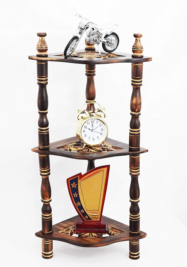 Handcrafted 3-Tier Wooden Corner Shelf | Mini Side Rack for Home Décor, Trophies, Clocks & Plants | Traditional Design, 61x22x22 cm, Brown