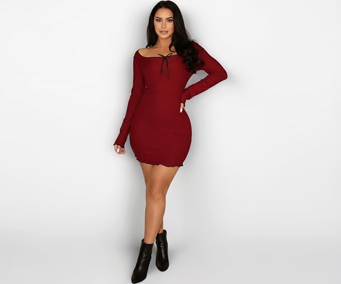 JC JUMMY COUTURE Women's Long Sleeve Bodycon Mini Dress, Ribbed Knit, Square Neck with Bow Tie Detail, Fitted (in, Alpha, XL, Regular, Maroon)