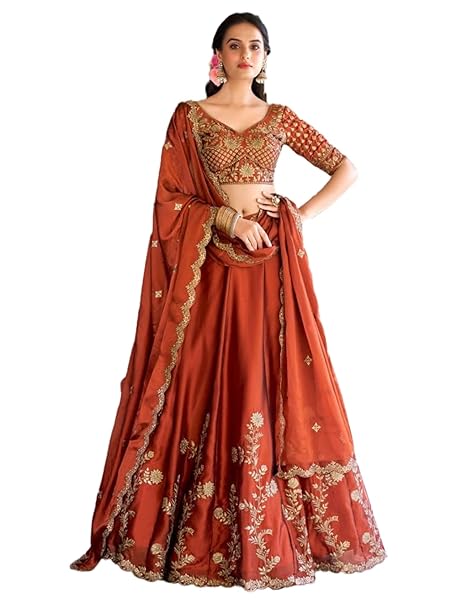 JIHU CULTURE Women's Orange Sequence Embroidery Work Silk Semi-Sttiched Lehenga Choli-JH290ORG