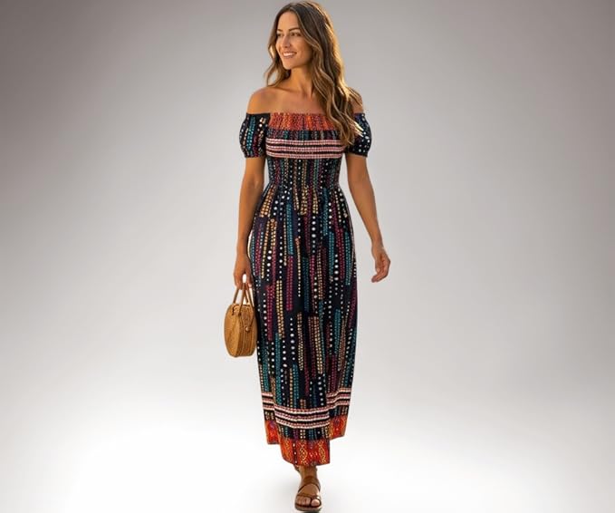 JC JUMMY COUTURE Women's Floral Print Maxi Dress, Navy Blue and Pink, Smocked Bodice, Puff Sleeves with Tie Detail, Flared Skirt, Cotton (Free Size)