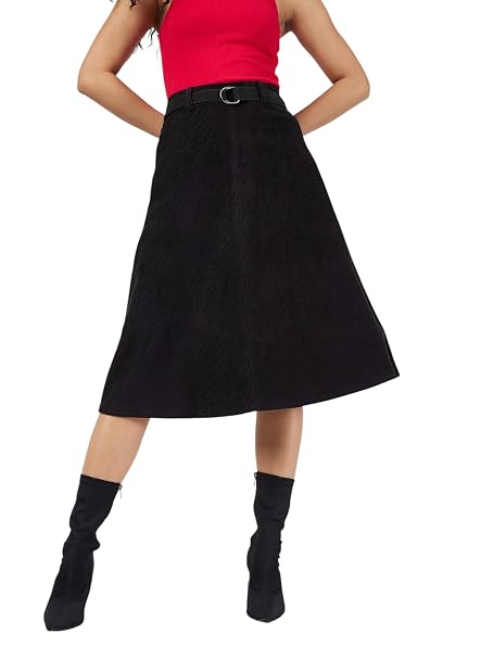 Black Corduroy A-Line Midi Skirt