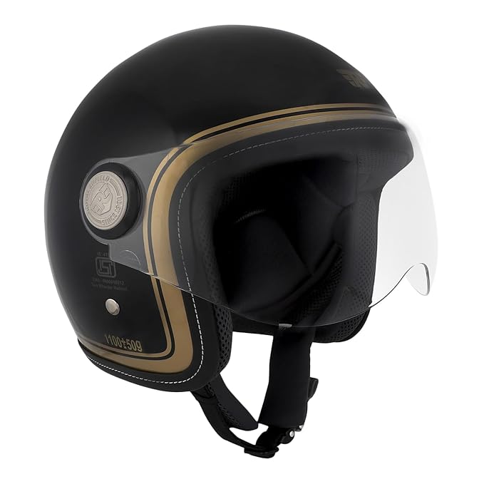 Royal Enfield J1B Chopper Open Face Helmet | ISI and DOT Certified | Impact Protection: High Density EPS Liner | High Impact Grade Thermoplastic Shell | Black Gold L