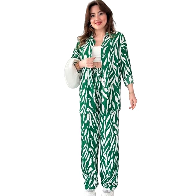 Gufrina Women's Polyester Co-Ord Set with Button-Up Top & Wide Leg Pant 3/4th Sleeves Collar Neck Printed Pattern Regular Fit and Standard Length