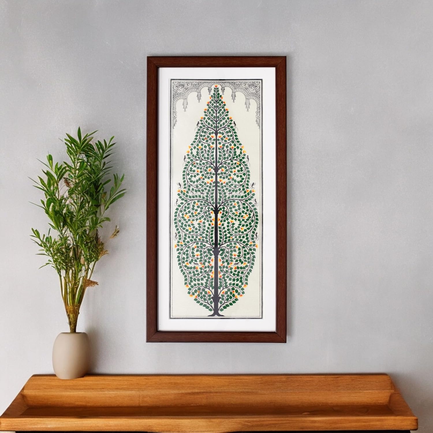 Bhumee Creations Pattachitra Tree of life Tussar Silk Picture Frame | Size - 19 Inches * 9 Inches | Gift for all occasions (Green, Tussar Silk)