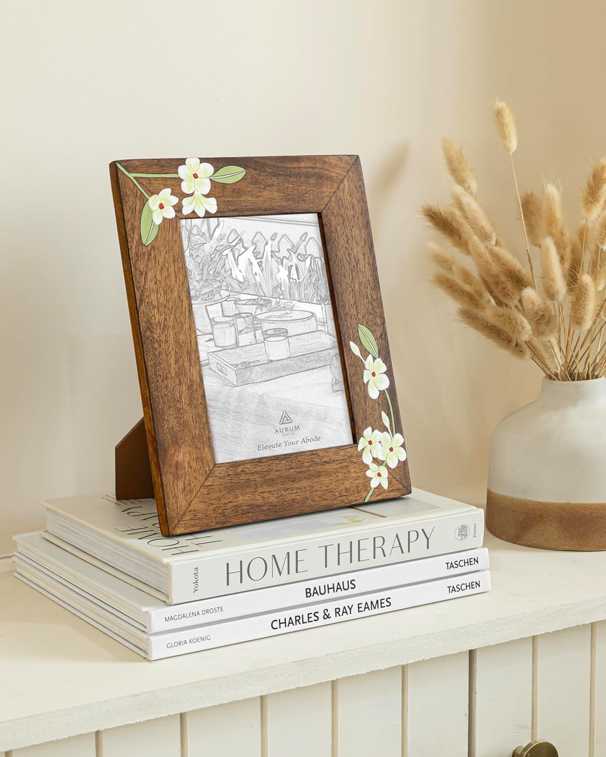 Aurum Crafts Bella Handpainted Wooden Photo Frame 4x6 Inch | Handcrafted Mango Wood Picture Frame with Floral Design | Tabletop & Wall Mount Frame for Home Décor
