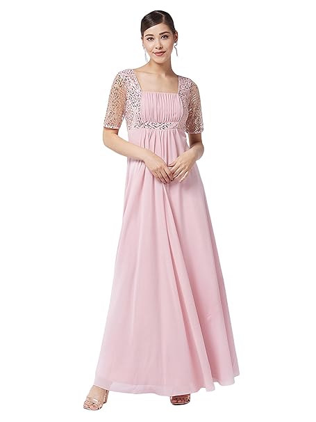 Miss Chase Women's Dark Pink Round Neck Half Sleeve Solid Lace Overlaid Maxi Dress