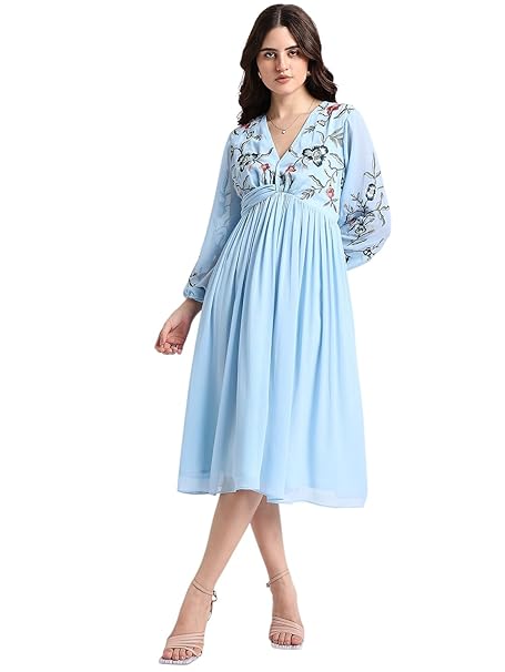 Amazon Brand - INKAST Women Embroidered V-Neck Chiffon A-line Dress | Casual & Semi-Formal Everyday Office Wear | Long Sleeve | Knee Length