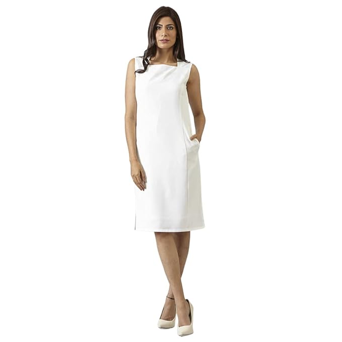 FableStreet Women's Polyester Square Neck Shift Midi Dress - Off White (DR97OW)