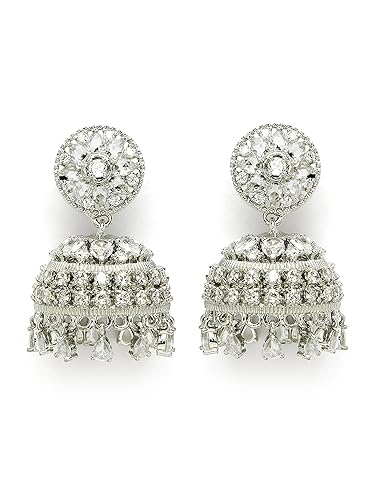 Karatcart Women Silver Plated Blue American Diamond Studded Jhumki Earrings