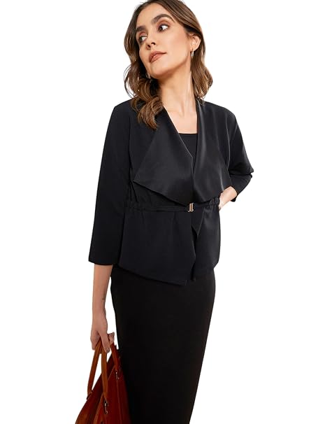 SASSAFRAS worklyf Women’s Bodycon Slim Fit Strappy Crop Shrug Full Sleeves Belt Detail – Casual Workwear Dresses