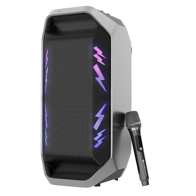 Zebronics 2026 Launch 110W Bluetooth Speaker, Up to 6Hrs Backup, 16.51cm Subwoofer, Dual 9.3cm Drivers, 7000mAh Battery, Wireless Rechargeable Mic with Display, TWS, BT v5.3, (Party Fyre 110)