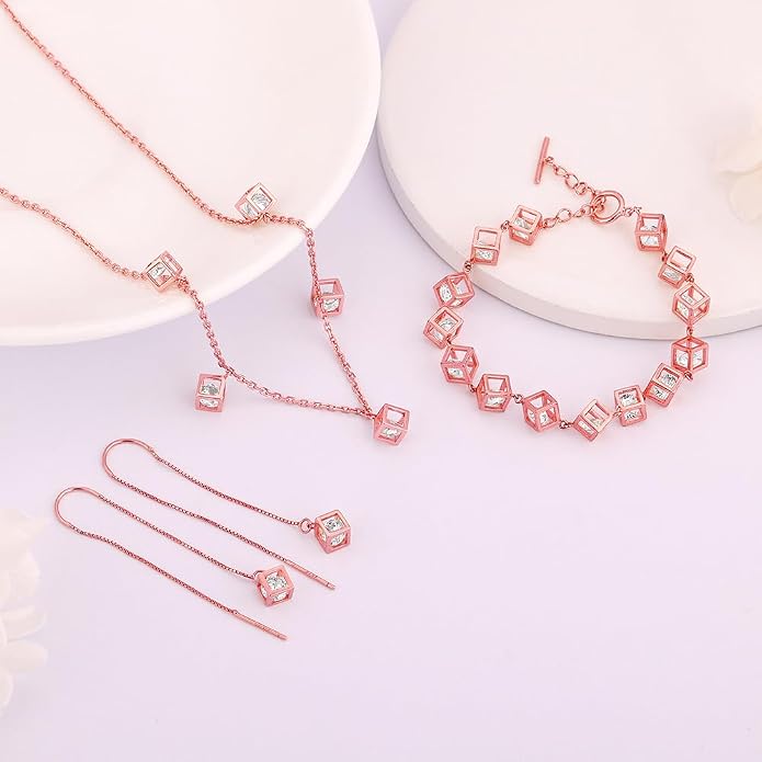 GIVA 925 Silver Rose Gold Cubic Crystal Set of Three| Gifts for Women and Girls | With Certificate of Authenticity and 925 Stamp | 6 Months Warranty*
