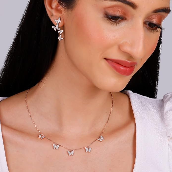 GIVA 925 Silver Rose Gold Wavering Wings Butterfly Set | Gifts for Girlfriend, Gifts for Women and Girls | With Certificate of Authenticity and 925 Stamp | 6 Months Warranty*