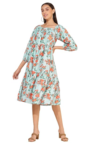 Janasya Women's Moss Digital Floral Printed Flared Dress