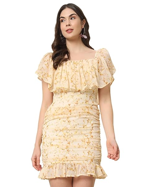 Trend Arrest.ed Women's Floral Ruched Mini Dress | Off-Shoulder Ruffle Neckline | Fully Lined Short Dress | Casual Summer Brunch & Vacation Wear