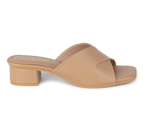 LOUIS STITCH Stylish Beige Block Heel Mules Sandals for Women – Cross Strap | LSOF-LDBH-MUCSBG