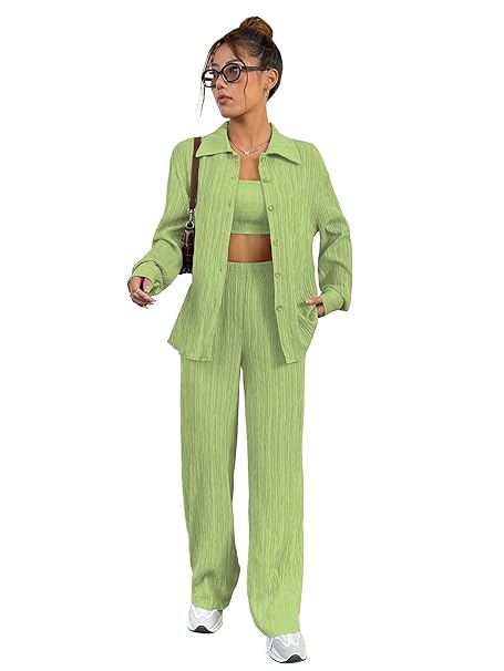 Shasmi Women’s 3-Piece Co-ord Set – Solid Button Front Shirt, Strapless Tube Top & Wide Leg Pants | Casual Loose Fit Western Outfit for Daily Spring/Fall Wear (Co-Ord-208)