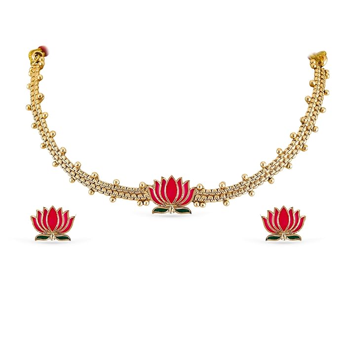Rubans Gold Plated Traditional Jewellery Pink Green Lotus Enamel Necklace Set Gift for Women & Girls