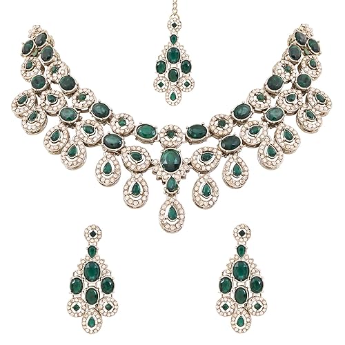 I Jewels Traditional Teardrop Design & Stone Necklace Jewellery With Earrings & Maang Tikka Set for Women (IJ414)