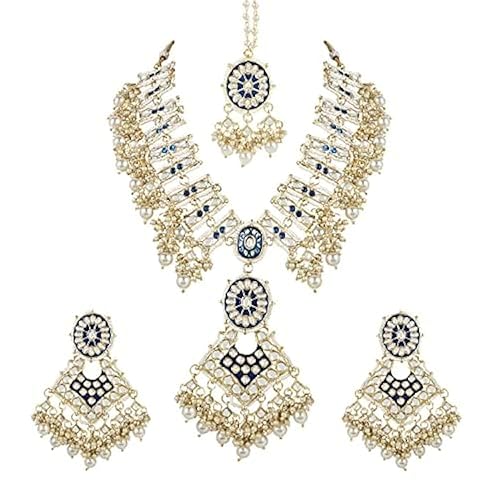 I Jewels Gold Plated Traditional Kundan & Pearl Meenakari Necklace With Earrings & Maang Tikka Set For Women