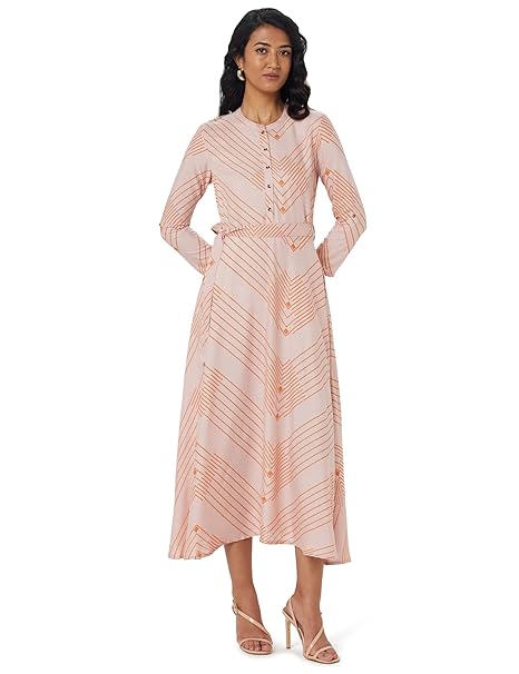 W for Woman Matrix Printed Circular Calf Length Shirt Dress with Belt for Women